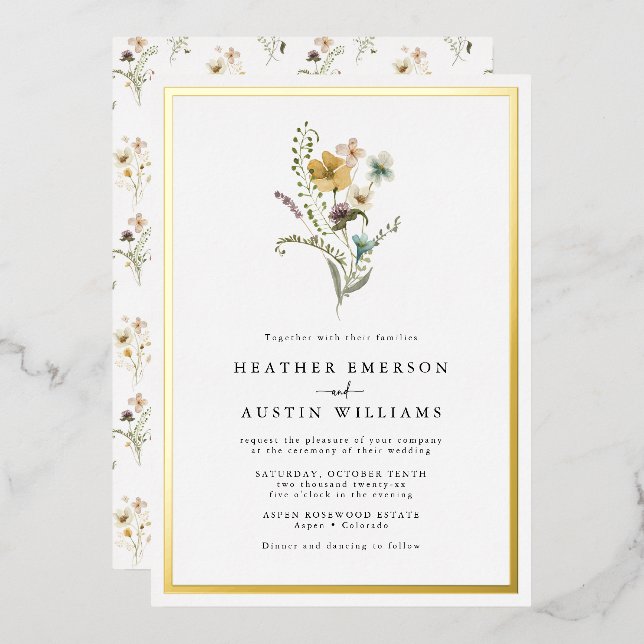 Invitación al Relieve metalizado Boda floral (Anverso/Reverso)