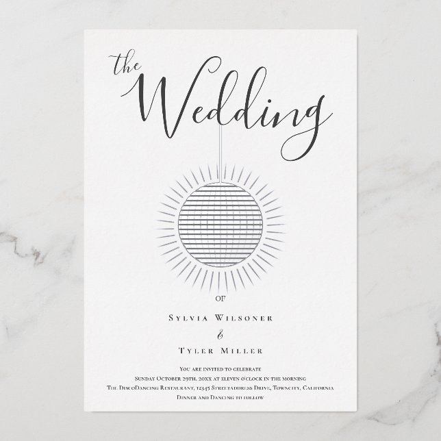 Invitación al Relieve metalizado Boda Silver Disco (Anverso)