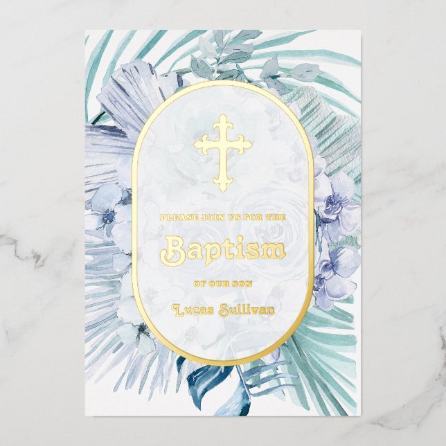 Invitación al Relieve metalizado Boho Floral Blue  (Anverso)