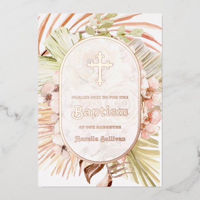 Invitación al Relieve metalizado Boho Peach Floral (Anverso)