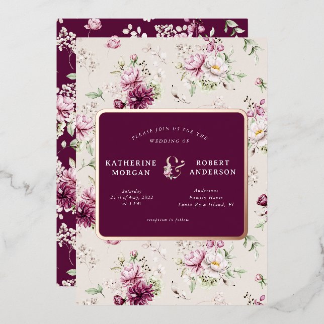 invitación al Relieve metalizado con boda floral e (Anverso/Reverso)