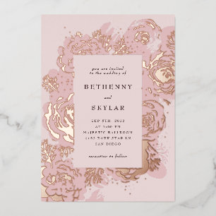 Invitación al Relieve metalizado con flores de oro