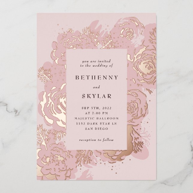 Invitación al Relieve metalizado con flores de oro (Anverso)