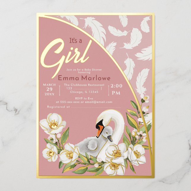 Invitación al Relieve metalizado de bebé de cisne  (Anverso)