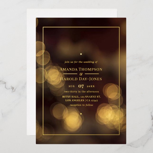 Invitación al Relieve metalizado de Boda de Bokeh  (Anverso/Reverso)