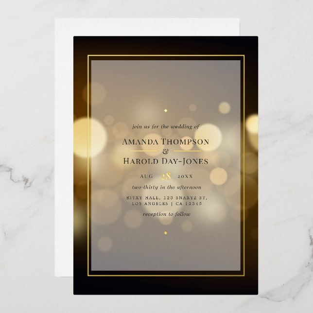 Invitación al Relieve metalizado de Boda de Bokeh  (Anverso/Reverso)