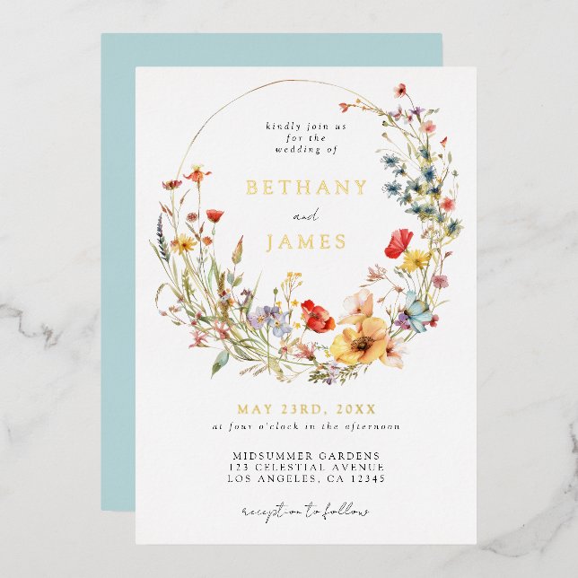 Invitación al Relieve metalizado de Boda de flores (Anverso/Reverso)