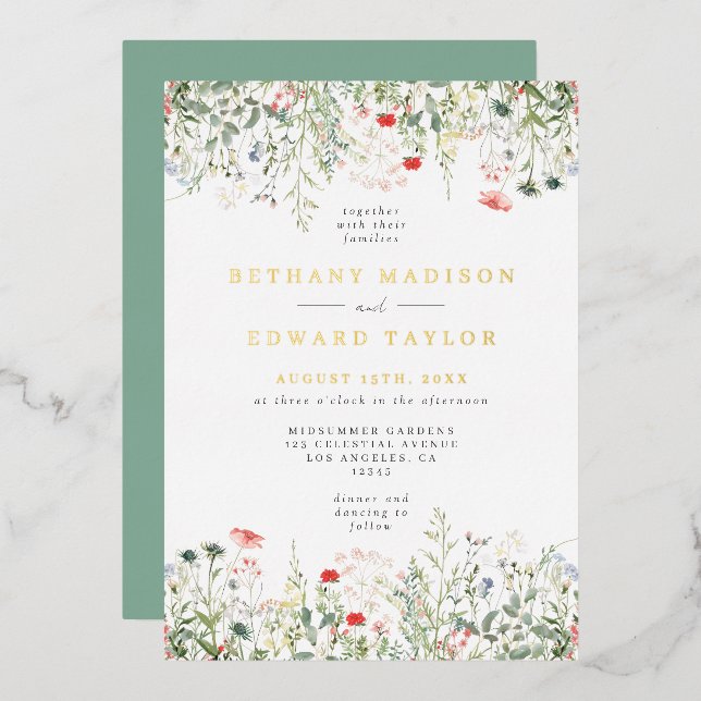 Invitación al Relieve metalizado de Boda de flores (Anverso/Reverso)