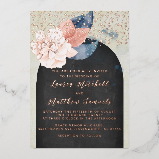 Invitación al Relieve metalizado de Boda de oro az (Anverso)