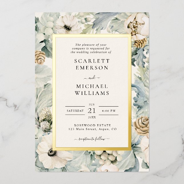 Invitación al Relieve metalizado de Boda floral de (Anverso)