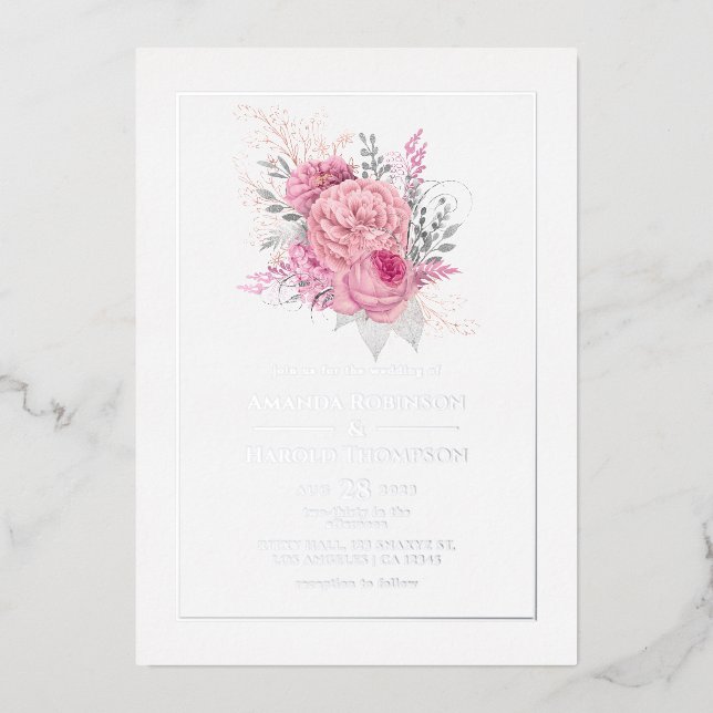 Invitación al Relieve metalizado de Boda floral tr (Anverso)