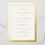 Invitación al Relieve metalizado de boda simple y<br><div class="desc">Sencilla y elegante,  esta invitación formal a la boda incluye un elegante borde doble y un elegante guión caligráfico presionado en Relieve metalizado de oro real.</div>