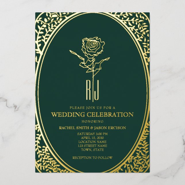Invitación al Relieve metalizado de Boda verde de  (Anverso)