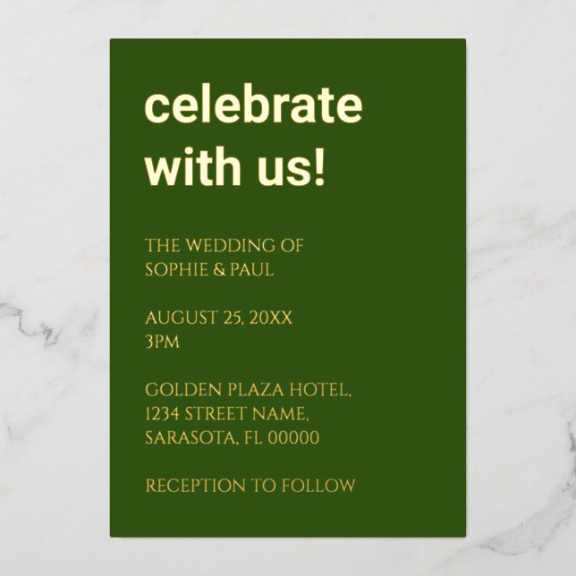 Invitación al Relieve metalizado de Boda verde for (Anverso)