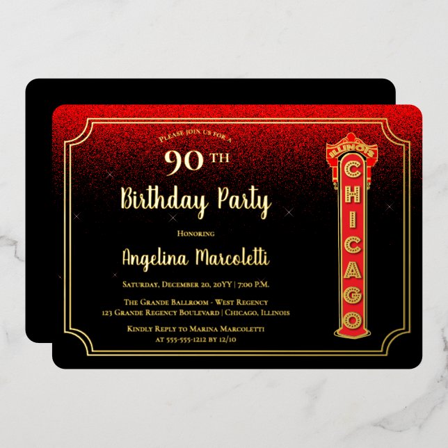 Invitación al Relieve metalizado de cumpleaños 90  (Anverso/Reverso)