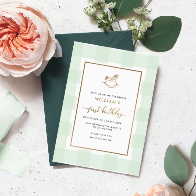 Invitación al Relieve metalizado de cumpleaños de  (First Birthday Rocking Horse Invitation)