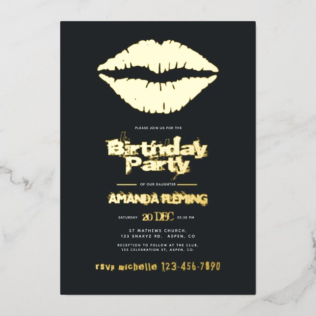 Invitación al Relieve metalizado de cumpleaños neg (Anverso)