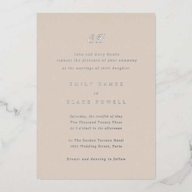 Invitación al Relieve metalizado de la boda de Mar (Anverso)