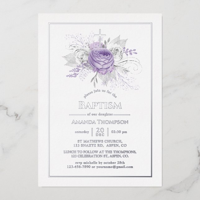 Invitación al Relieve metalizado de lavanda y baut (Anverso)