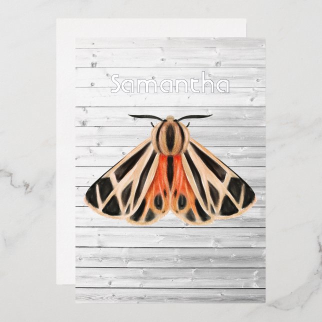 Invitación al Relieve metalizado de polilla rústic (Anverso/Reverso)