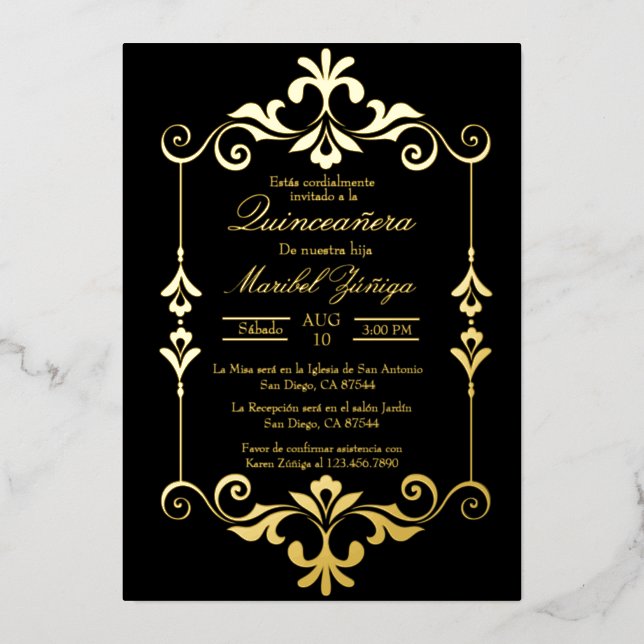 Invitación al Relieve metalizado de Quinceañera (Anverso)