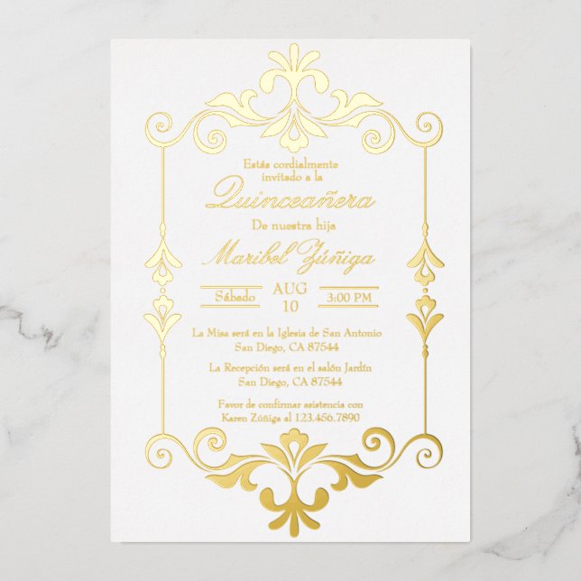 Invitación al Relieve metalizado de Quinceañera (Anverso)