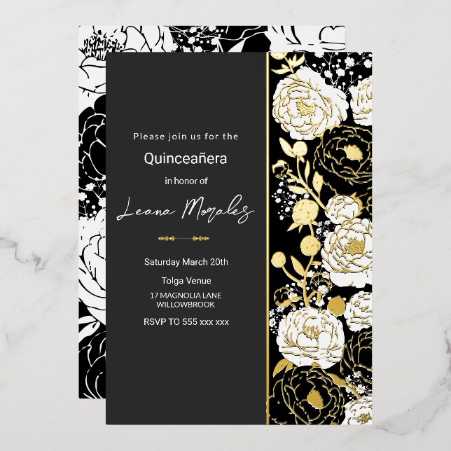Invitación al Relieve metalizado de Quinceañera Ne (Anverso/Reverso)