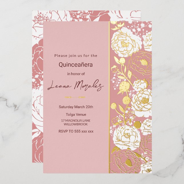 Invitación al Relieve metalizado de Quinceañera Ro (Anverso/Reverso)