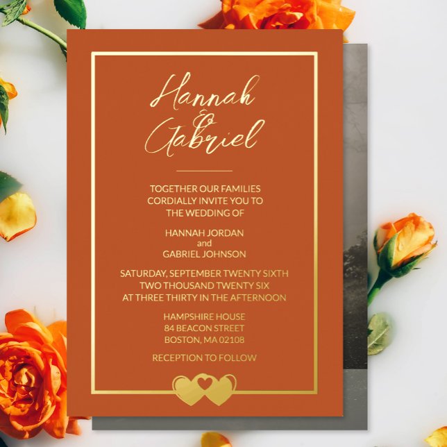 Invitación al Relieve metalizado de Terracotta Gol (The front and back of the Terracotta Gold Photo Foil Wedding Invitation)