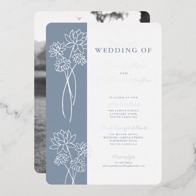 Invitación al Relieve metalizado del Boda azul tur (Anverso/Reverso)