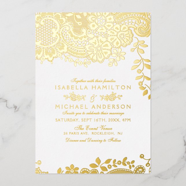 Invitación al Relieve metalizado del boda de encaj (Anverso)