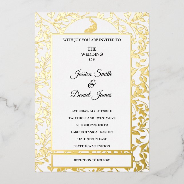 Invitación al Relieve metalizado del Boda Peacock  (Anverso)