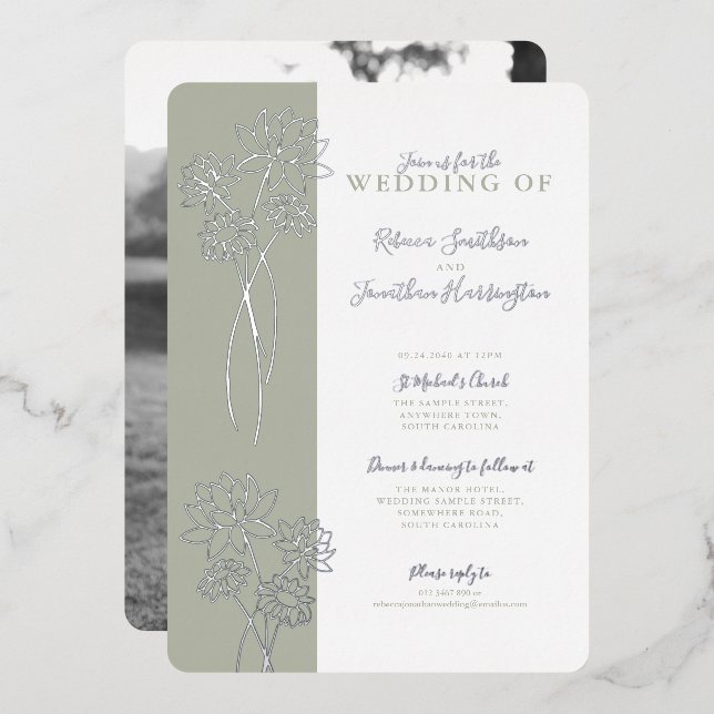 Invitación al Relieve metalizado del Boda verde de (Anverso/Reverso)