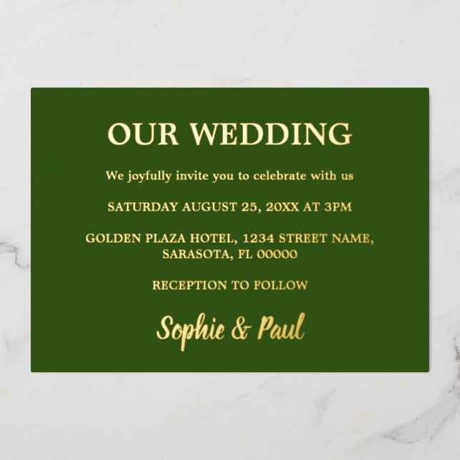 Invitación al Relieve metalizado del Boda verde de (Anverso)
