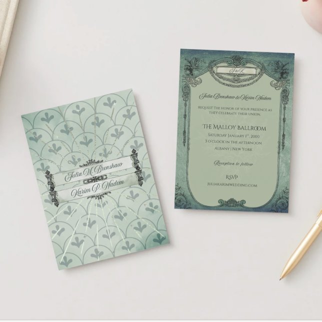 Invitación al Relieve metalizado del Boda verde vi (Example Invitation)