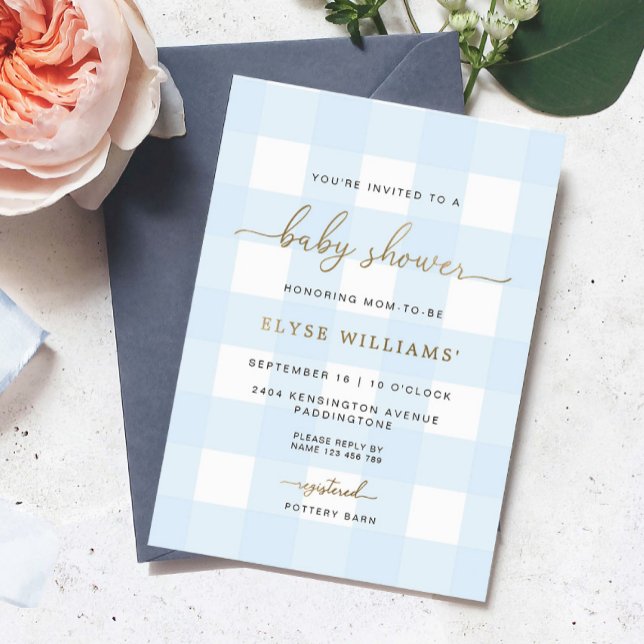 Invitación al Relieve metalizado dorado Baby Showe (Baby Shower Gold Foil Invitation Blue Gingham)