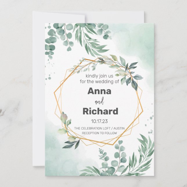 Invitación al Relieve metalizado dorado, Boda flor (Anverso)