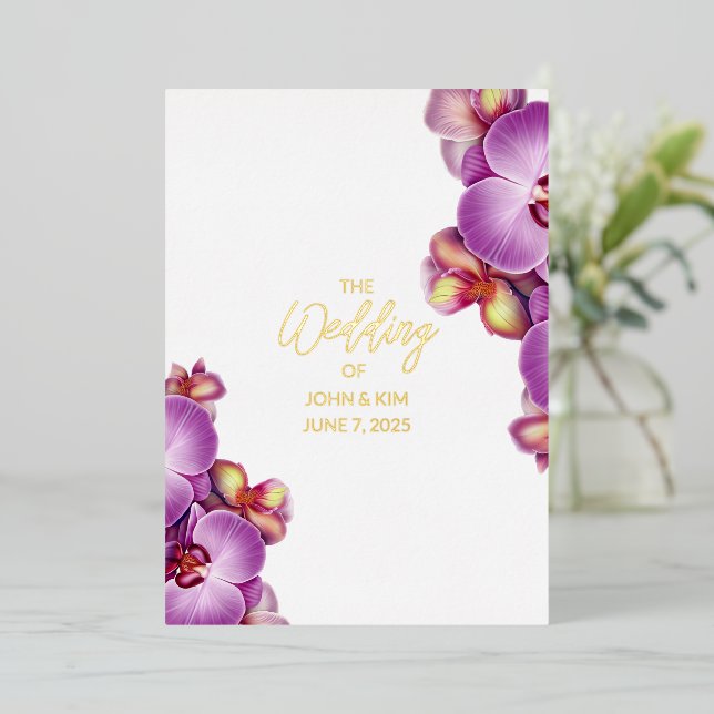 Invitación al Relieve metalizado dorado Boda Orquí (Anverso de pie)