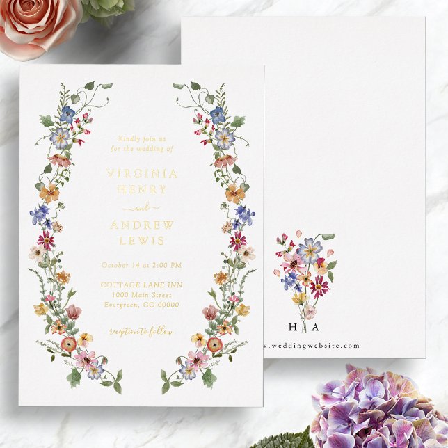 Invitación al Relieve metalizado floral acuarela (Colorful Watercolor Floral Foil Wedding Invitation Monogrammed back by Painted Paperie
)