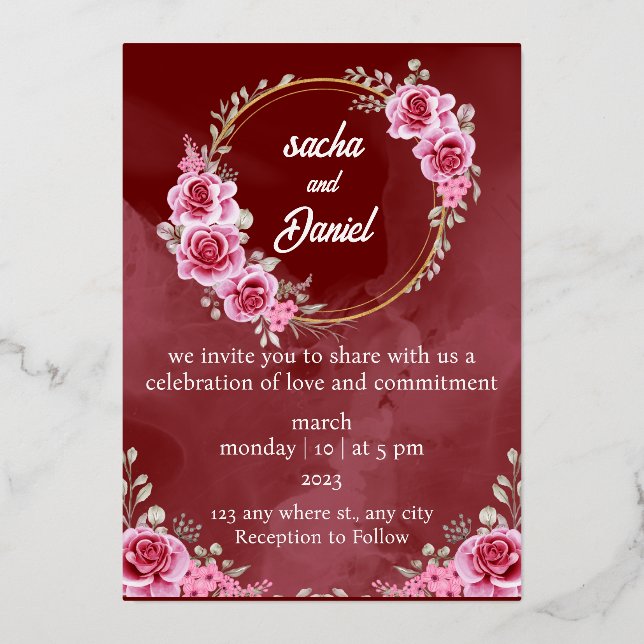 Invitación al Relieve metalizado floral de bodas d (Anverso)