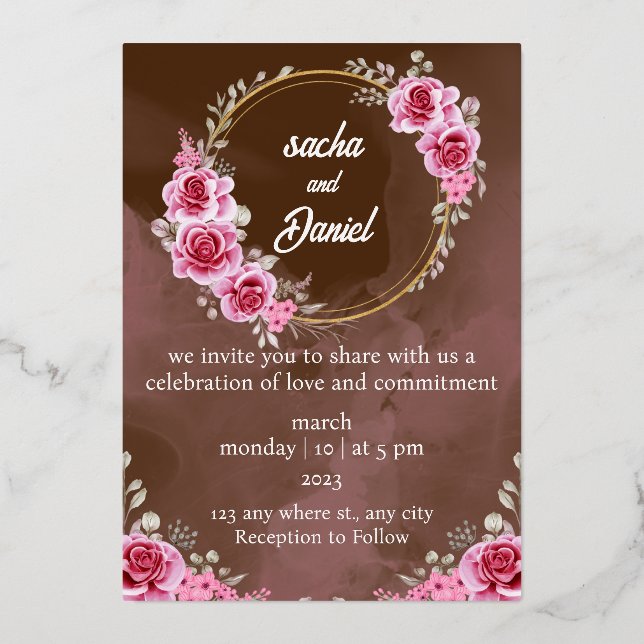 Invitación al Relieve metalizado floral de bodas d (Anverso)