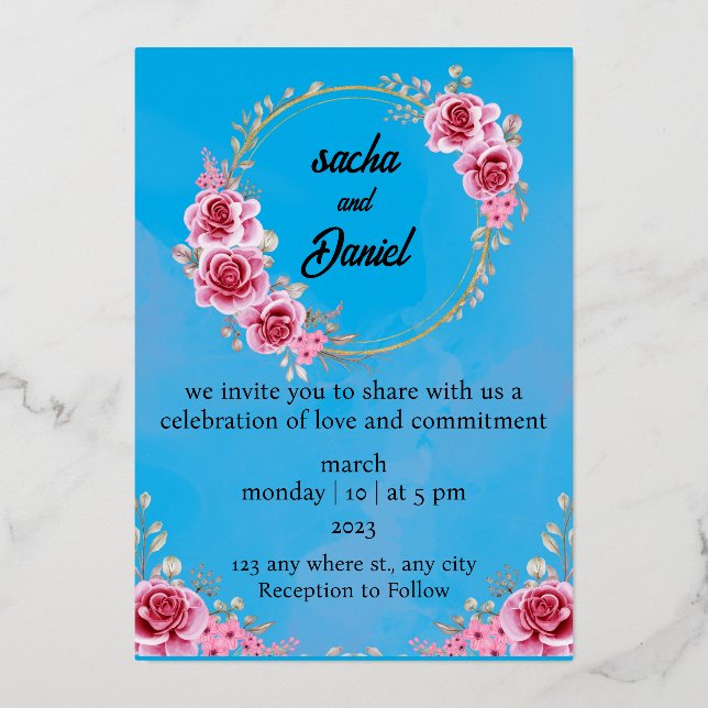 Invitación al Relieve metalizado floral de bodas d (Anverso)