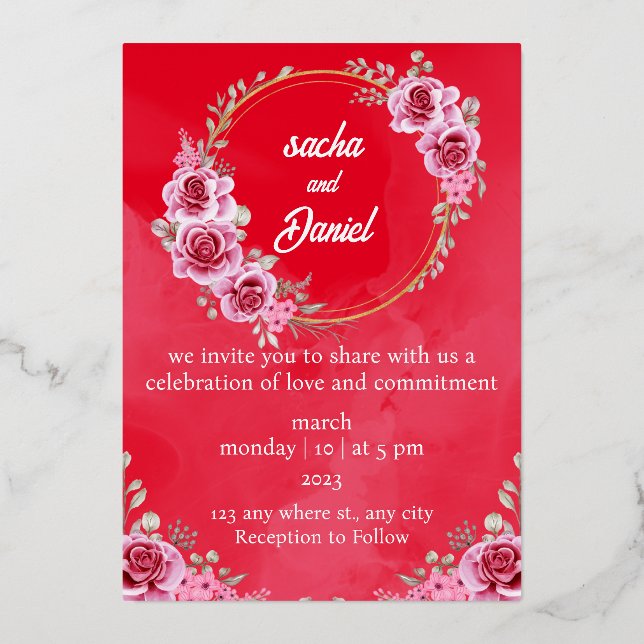 Invitación al Relieve metalizado floral de bodas d (Anverso)