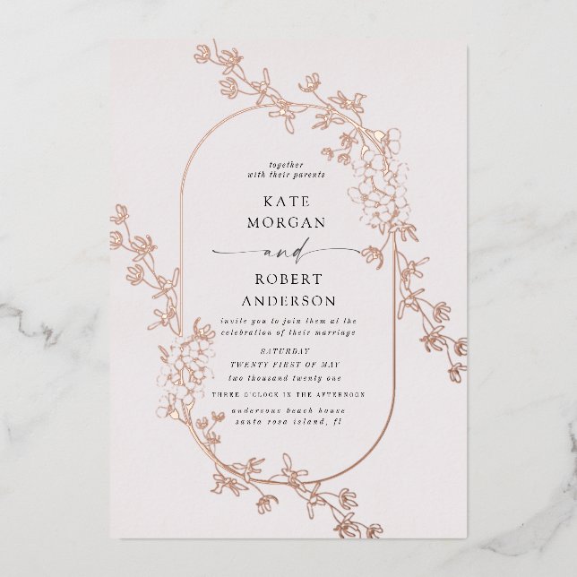 invitación al Relieve metalizado floral moderna y  (Anverso)