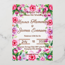 Invitación al Relieve metalizado floral rosa y púr