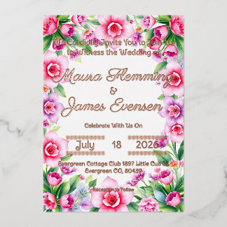 Invitación al Relieve metalizado floral rosa y púr