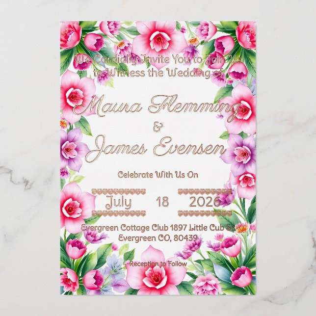 Invitación al Relieve metalizado floral rosa y púr (Anverso)