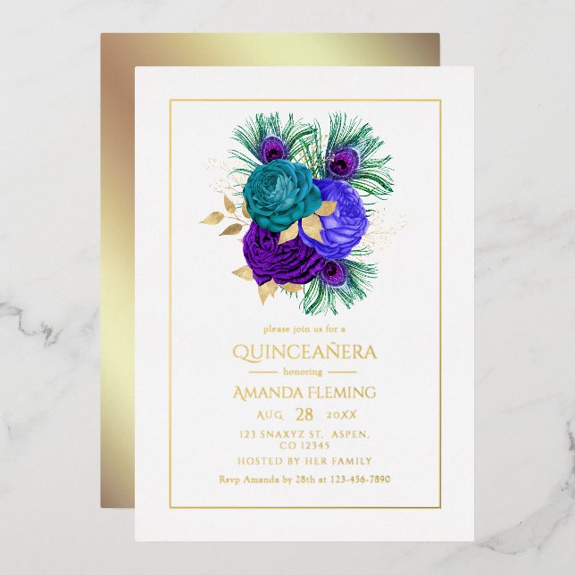 Invitación al Relieve metalizado Mardi Gras Quince (Anverso/Reverso)