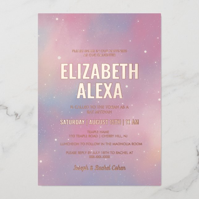 Invitación al Relieve metalizado Mitzvah Rosa Gala (Anverso)