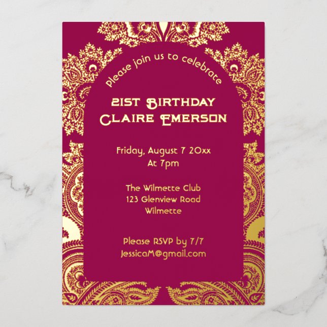 Invitación al Relieve metalizado Paisley arch (Anverso)